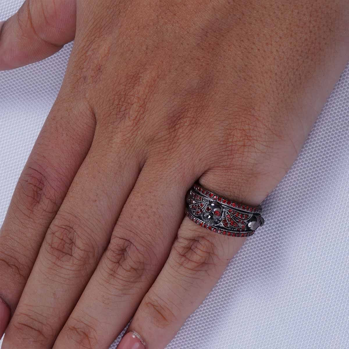 Women's Winged Skull Ring Natural Red Garnet Gothic Jewelry
