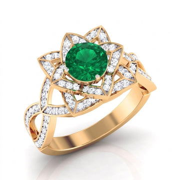 Lotus Flower Ring with Lab Created Green Emerald 14k Yellow Gold