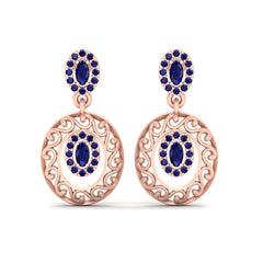 Halo Sapphire Dangle Earrings Rose Gold Drop Engagement Earrings