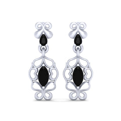 Black Diamond Drop Earrings Sterling Silver Floral Engagement Earrings