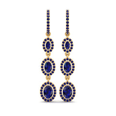 Gold Dangle Hoop Earrings Halo Blue Sapphire Engagement Earrings