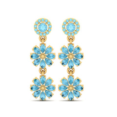 Gold Flower Dangle Earrings Aqua Diamond Dangle Drop Earrings