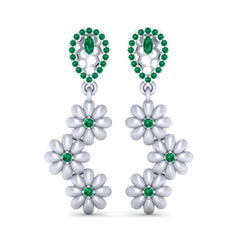 Green CZ Flower Earrings Sterling Silver Flower Dangle Drop Earrings
