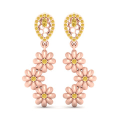 Floral Dangle Wedding Earrings Yellow Diamond Rose Gold Earrings