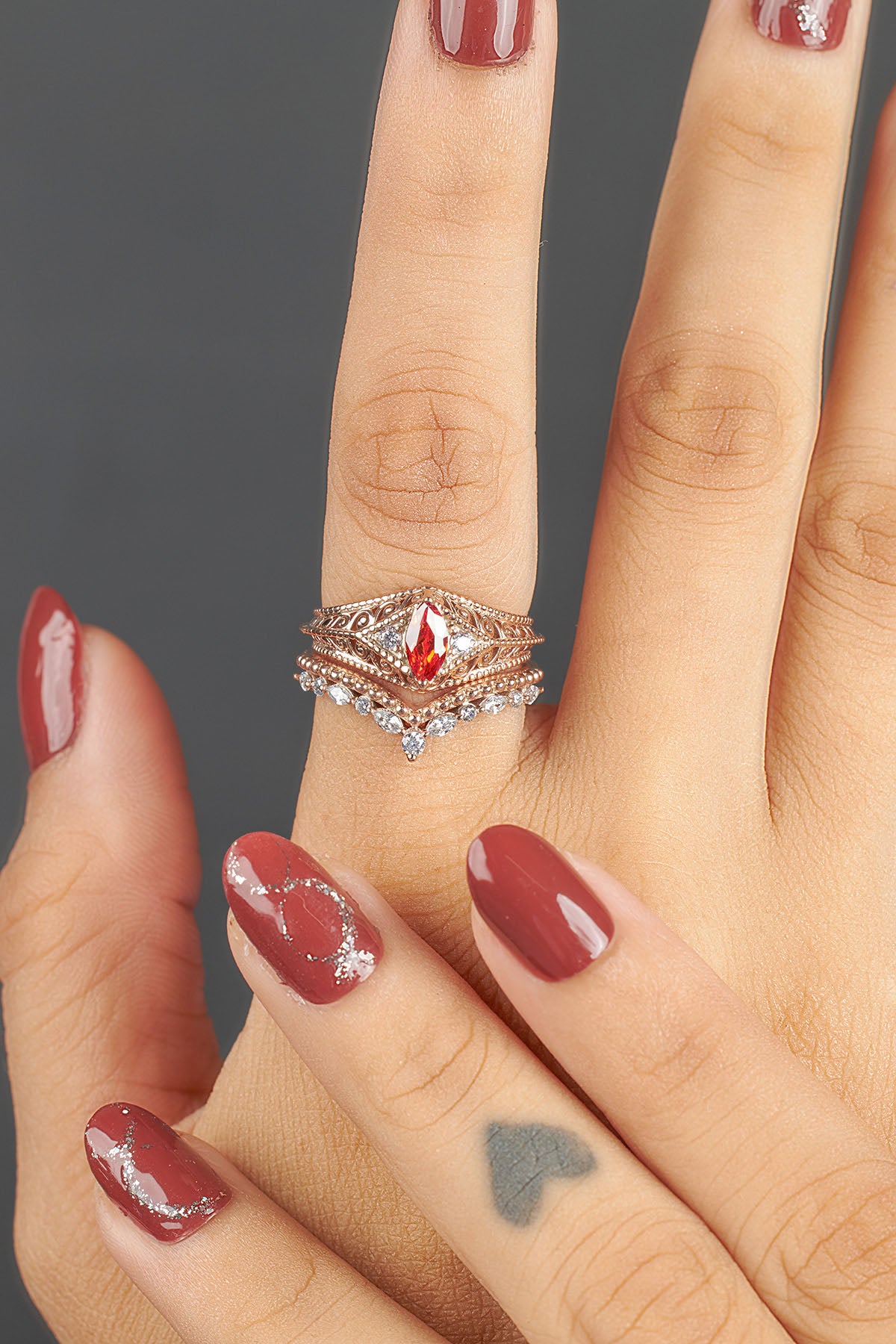Art Deco Engagement Ring Set Filigree Milgrain Marquise Cut Orange Sapphire Chevron