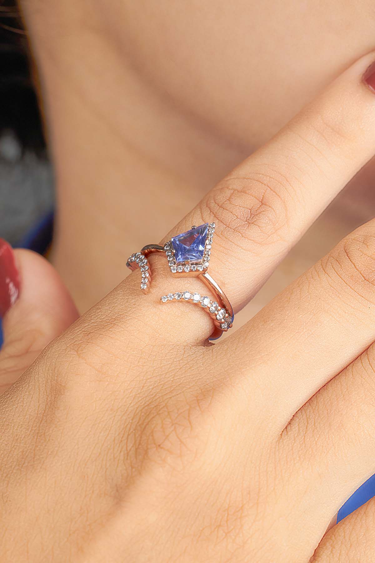 Kite Shaped Halo Engagement Ring Set Blue Titanic Gemstone