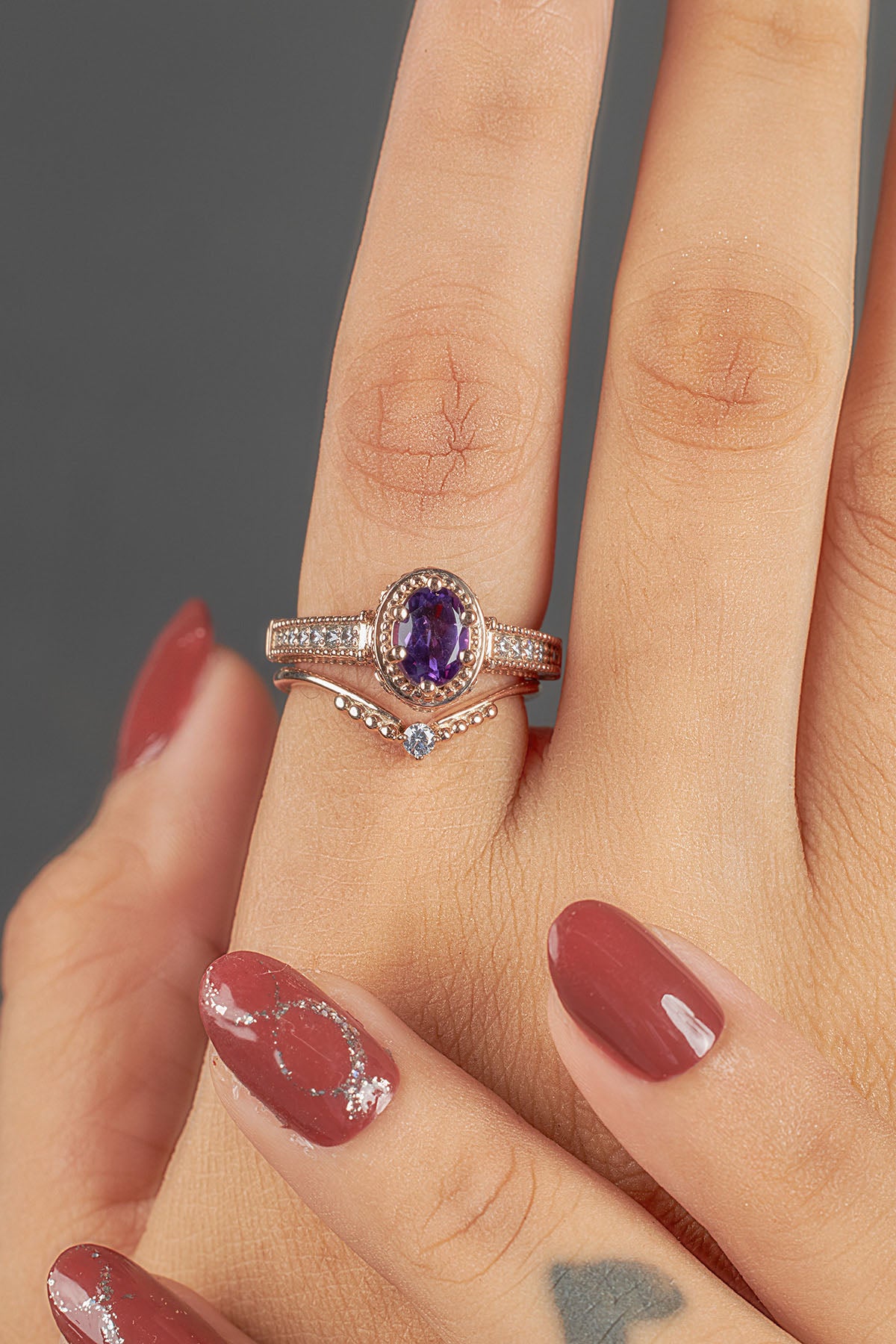 1920's Vintage Inspired Engagement Ring Set Oval Cut Amethyst