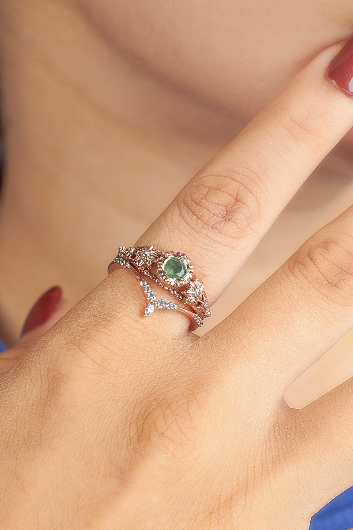 Moss Agate Flower Ring Set Art Deco Floral Bridal Ring Rose Gold
