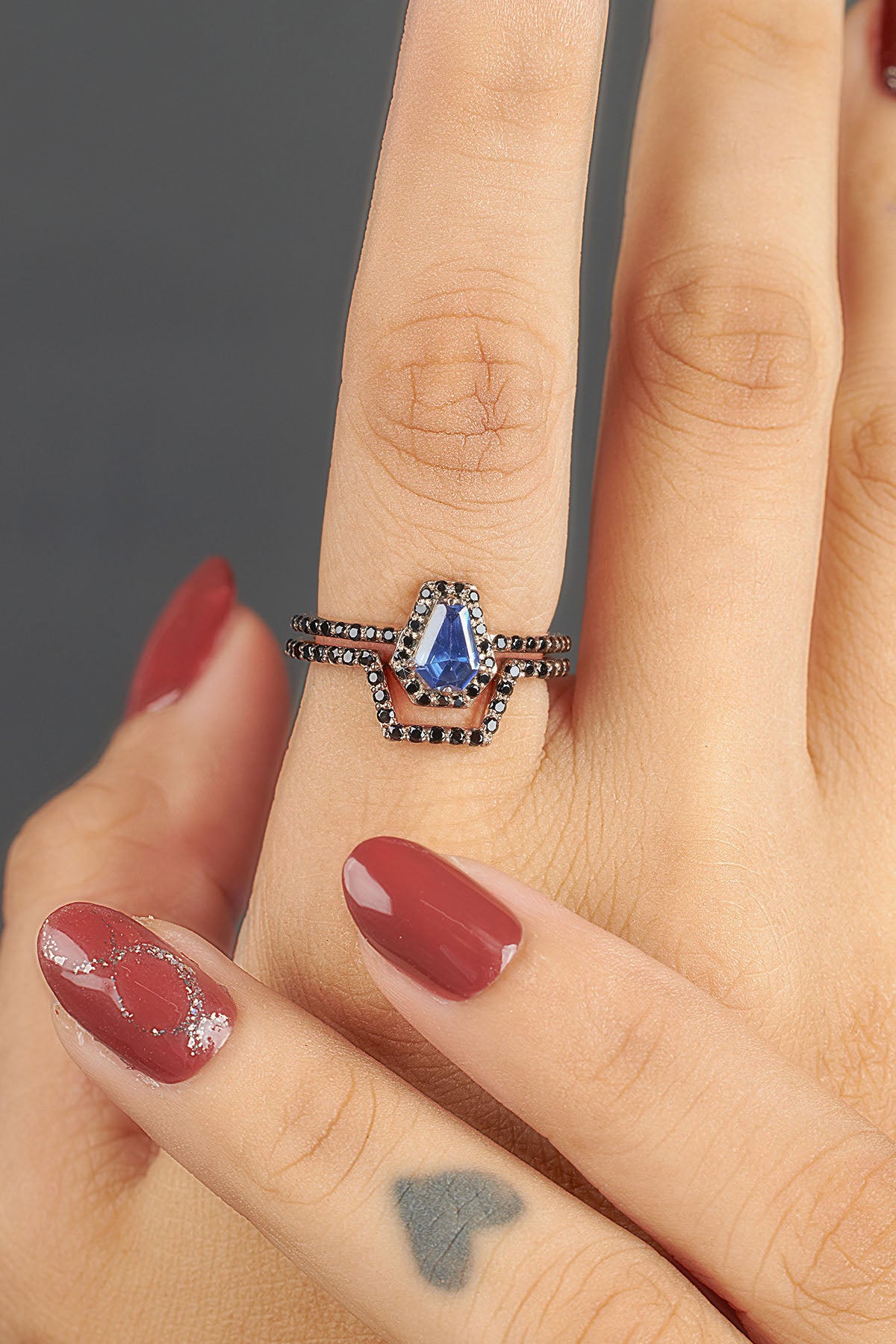Halo Coffin Bridal Ring Set Blue Titanic Gemstone Engagement 14k Rose Gold