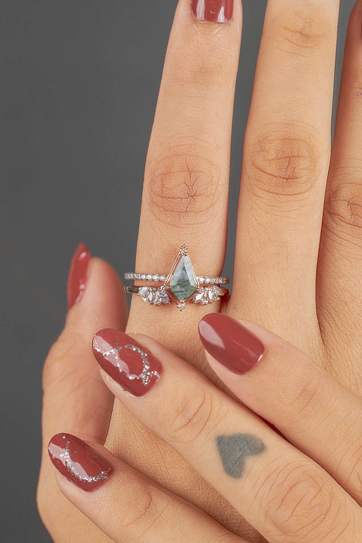 Kite Cut Moss Agate Ring Set Vintage Moissanite Wedding Band