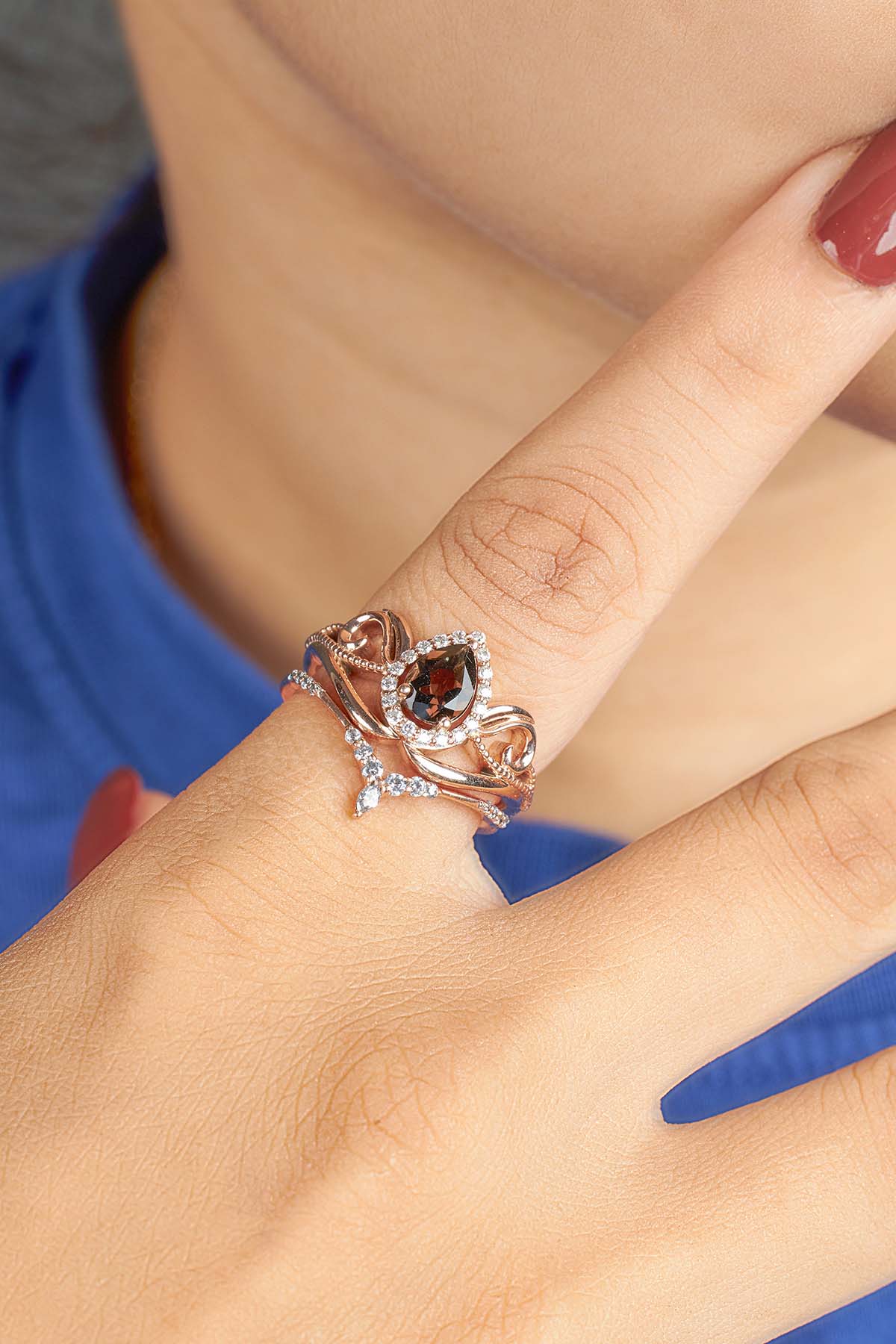Teardrop Smoky Quartz Vintage Engagement Ring Set Rose Gold