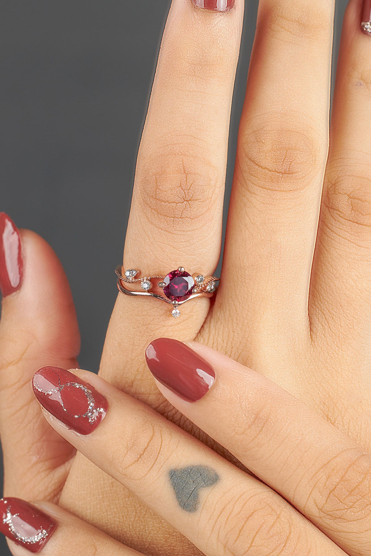 Natural Rhodolite Engagement Ring Set Art Deco Bridal Jewelry