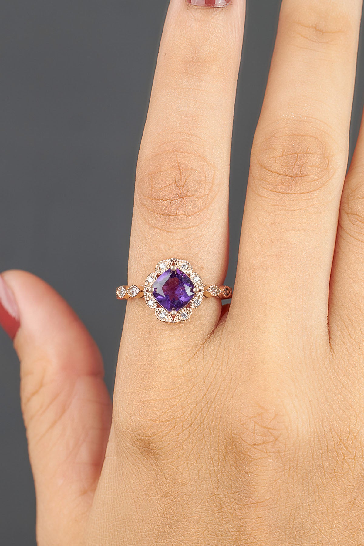Vintage Style Bridal Ring Set Purple Amethyst Engagement Ring