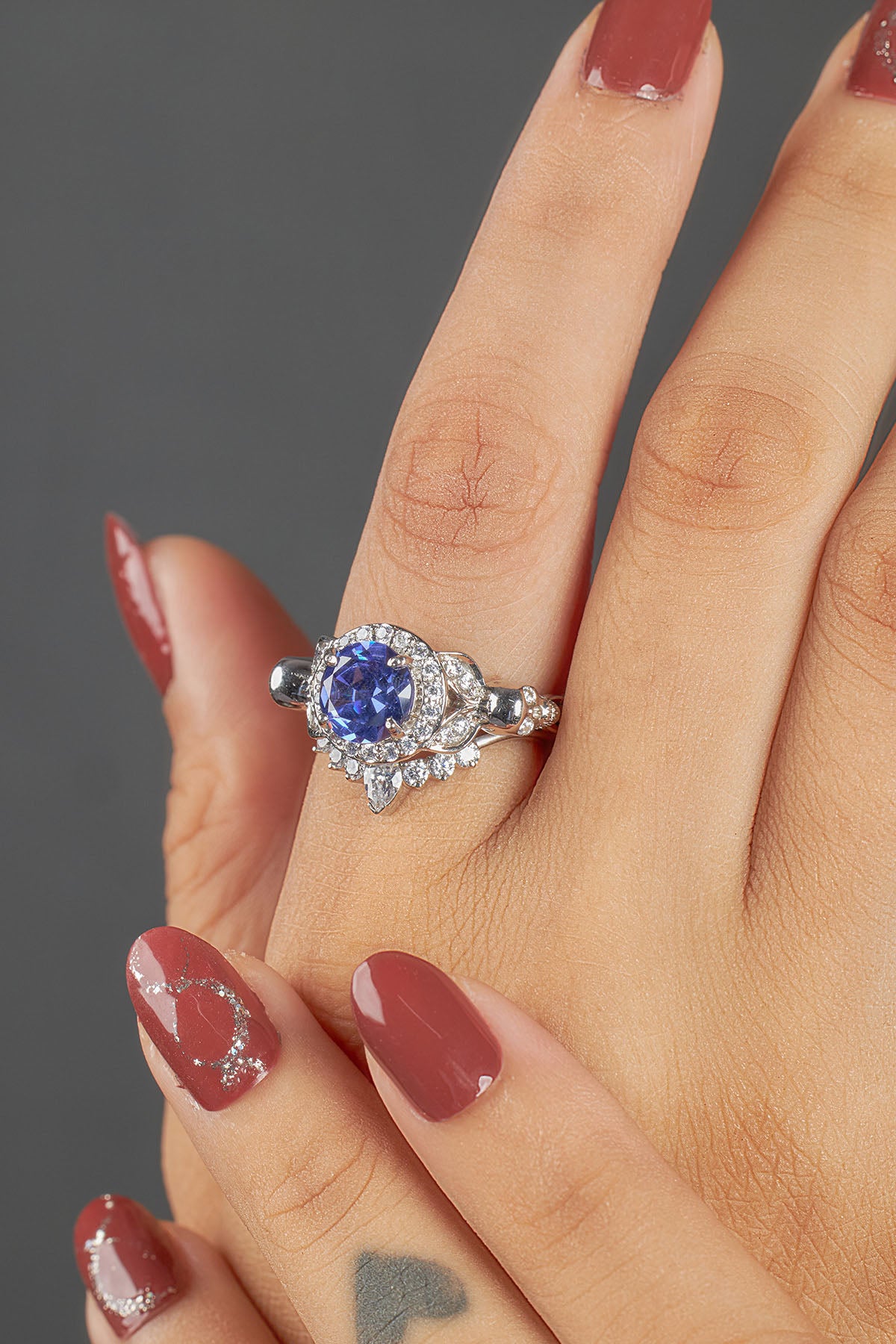 Leaf Skull Bridal Ring Set Blue Titanic Gemstone Gothic Rings