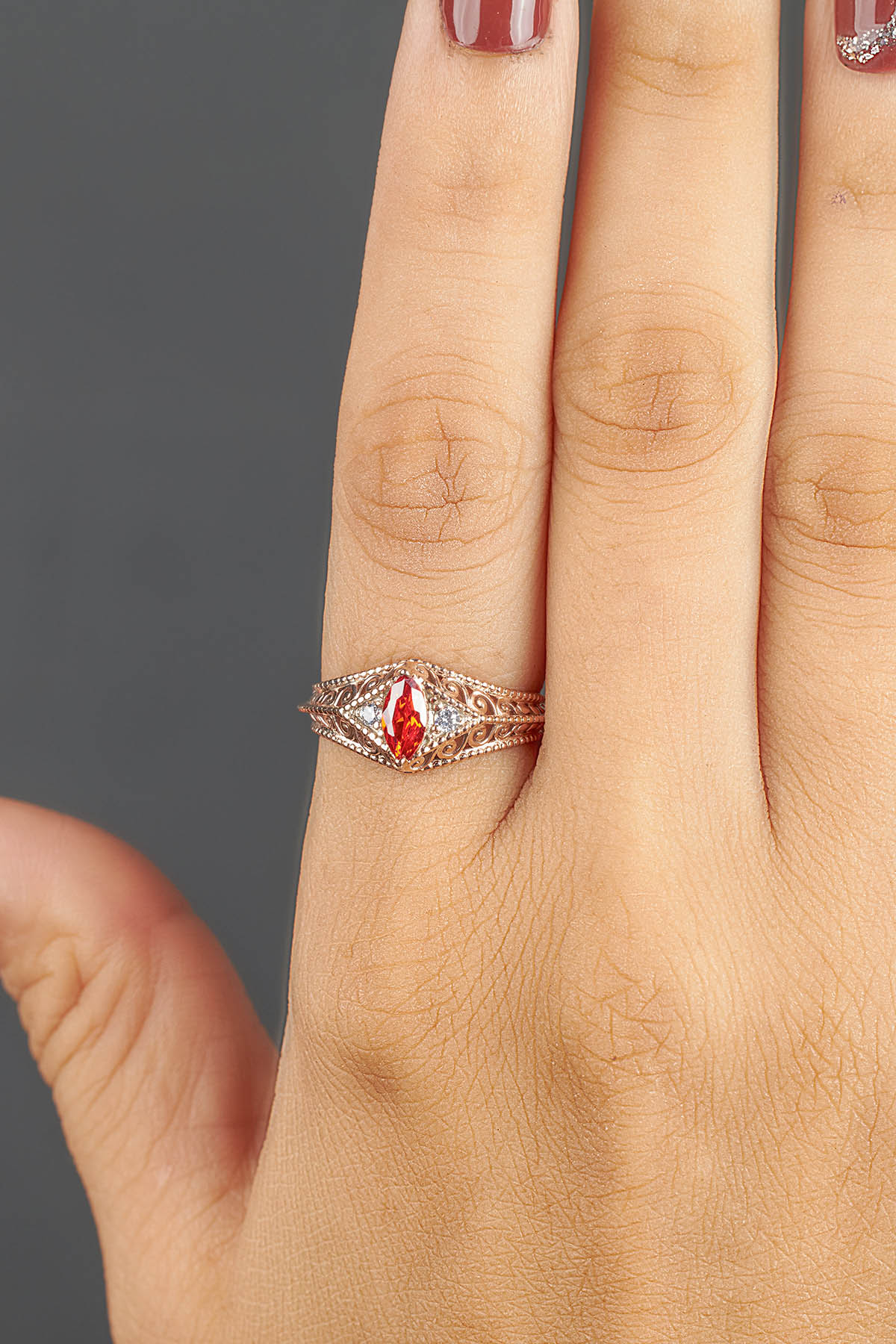 Art Deco Engagement Ring Set Filigree Milgrain Marquise Cut Orange Sapphire Chevron