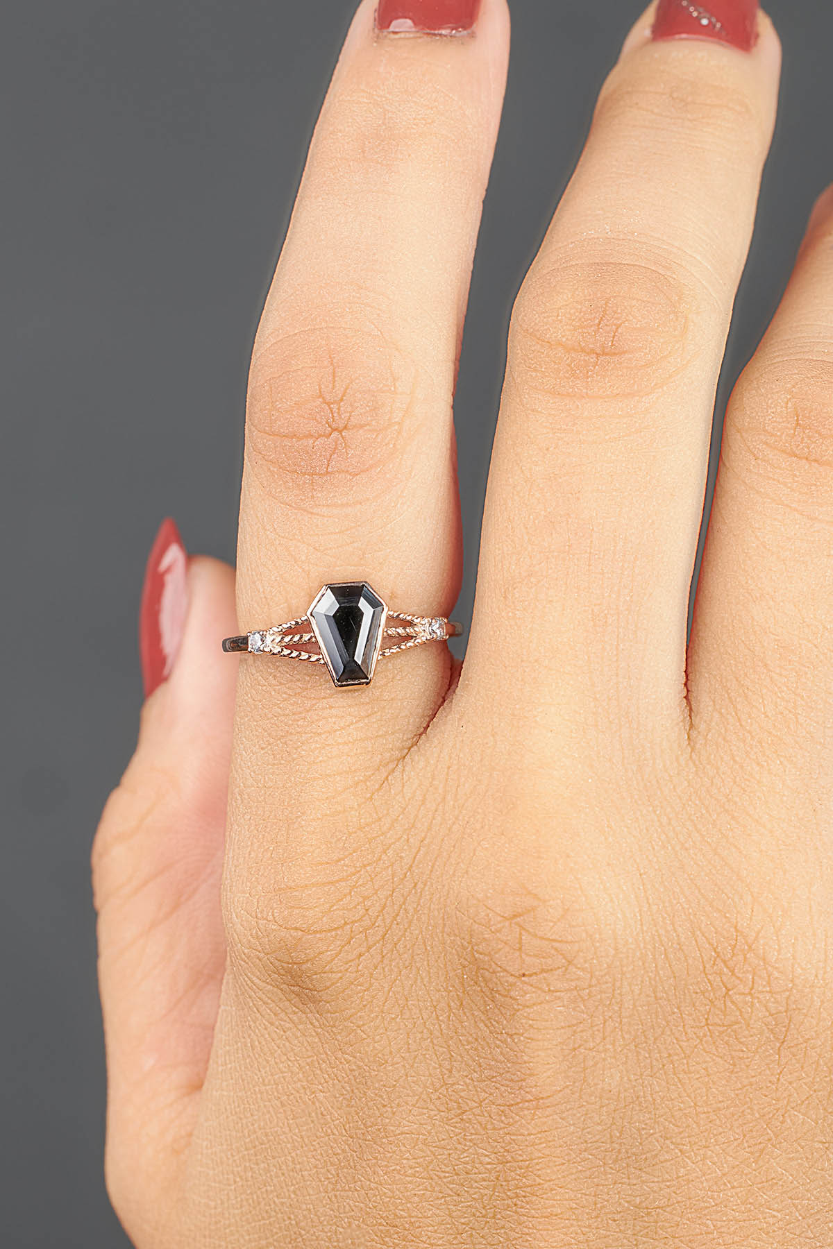 Black Spinel Coffin Engagement Ring Set Gothic Wedding Rings
