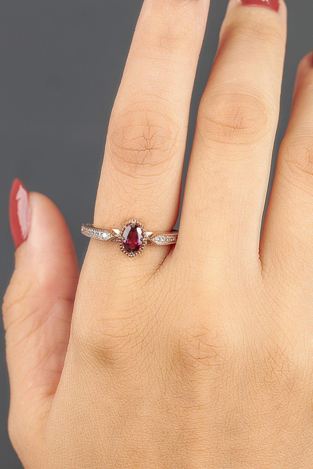 Oval Cut Natural Rhodolite Ring Art Deco Vintage Engagement Rings Rose Gold