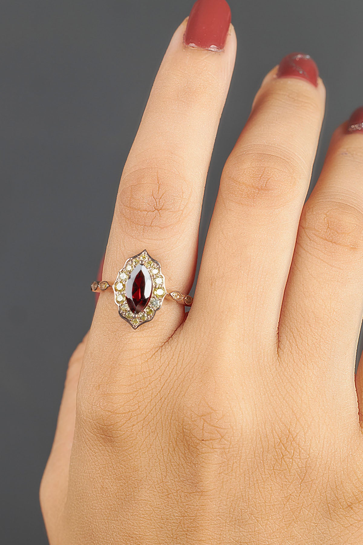 Antique Vintage Engagement Ring Marquise Cut Red Natural Garnet Ring Rose Gold