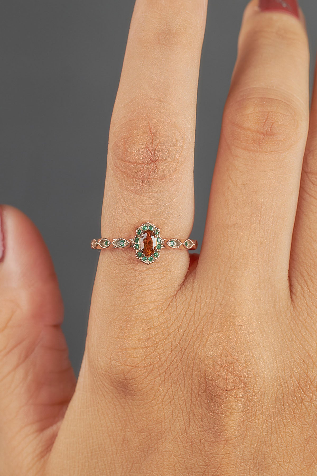 Oval Natural Hessonite Ring Milgrain Vintage Engagement Rings