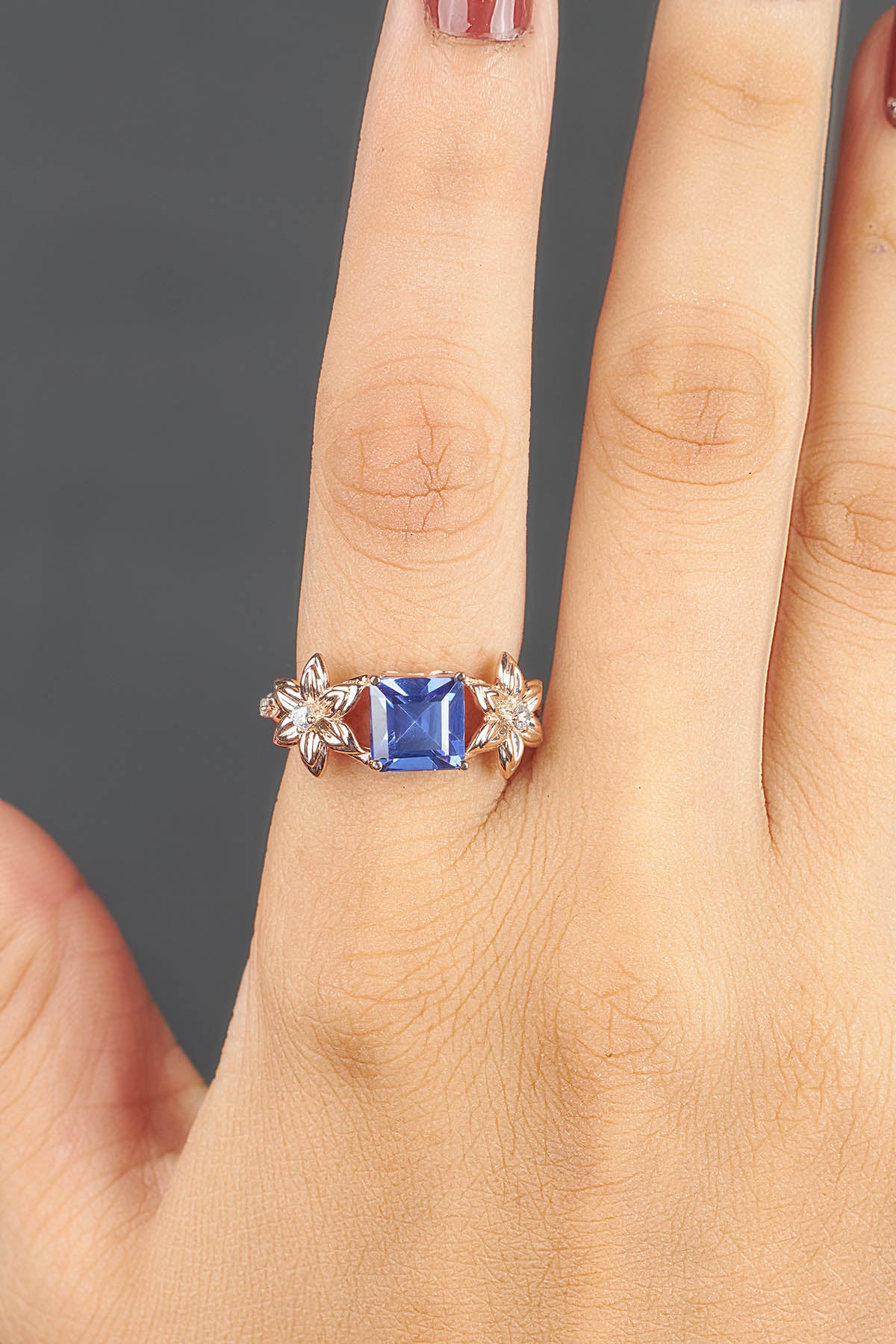 Princess Cut Blue Titanic Gemstone Ring Flower Engagement Rings Art Nouveau Silver Gold