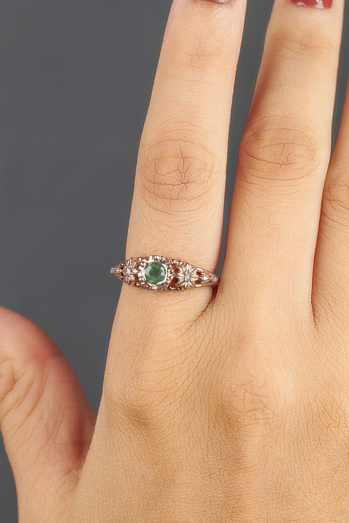 Round Cut Moss Agate Ring Flower Nature Inspired Engagement Rings Rose Gold