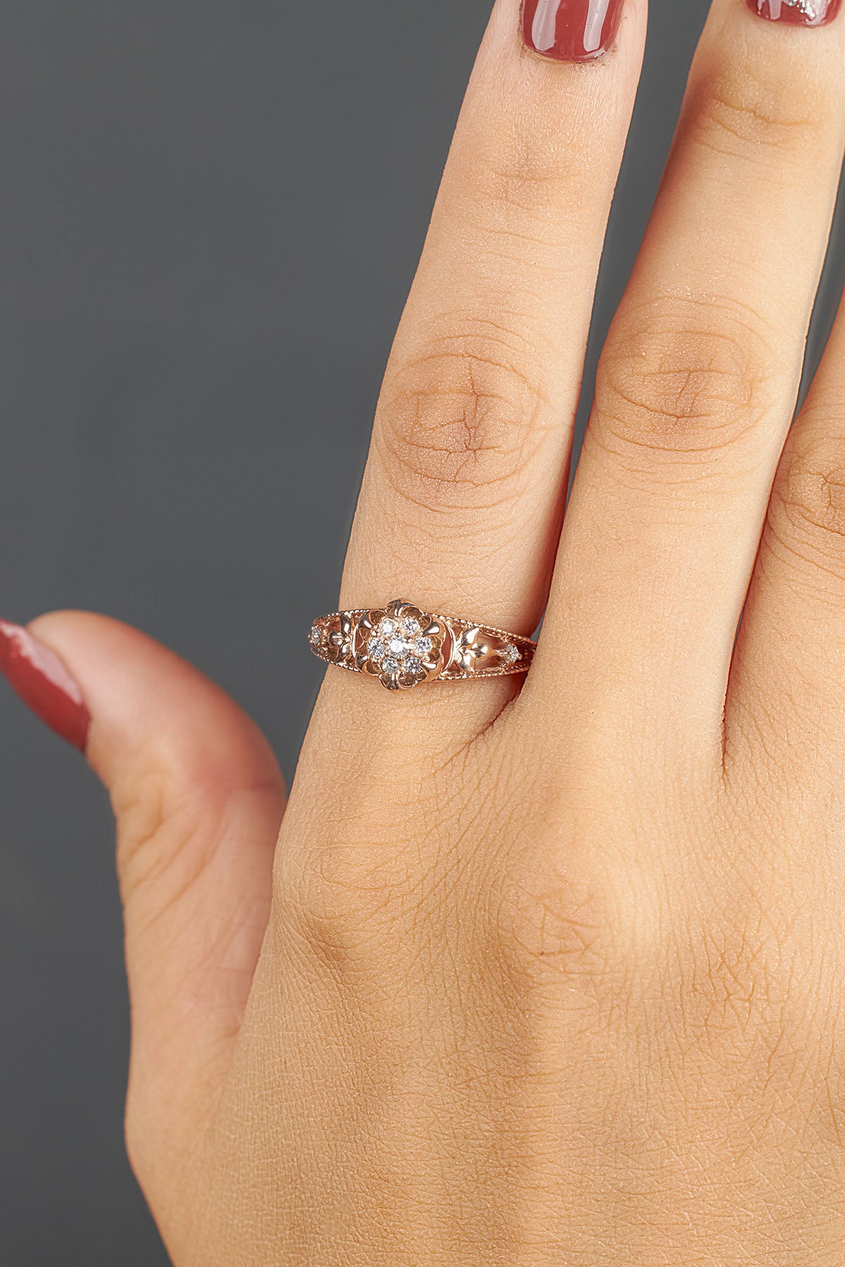 Cluster Moissanite Diamond Blossom Flower Engagement Ring Floral Art Deco Vintage Rose Gold