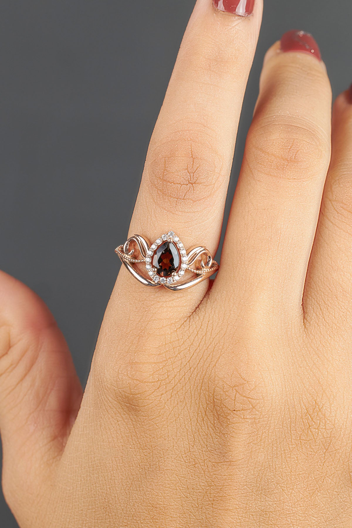 Teardrop Smoky Quartz Vintage Engagement Ring Set Rose Gold