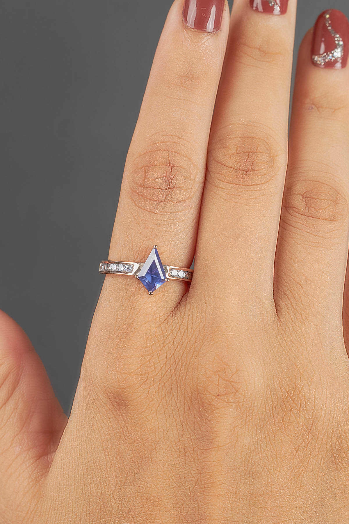 Kite Cut Blue Titanic Gemstone and Moissanite Ring Statement Engagement Rings Rose Gold