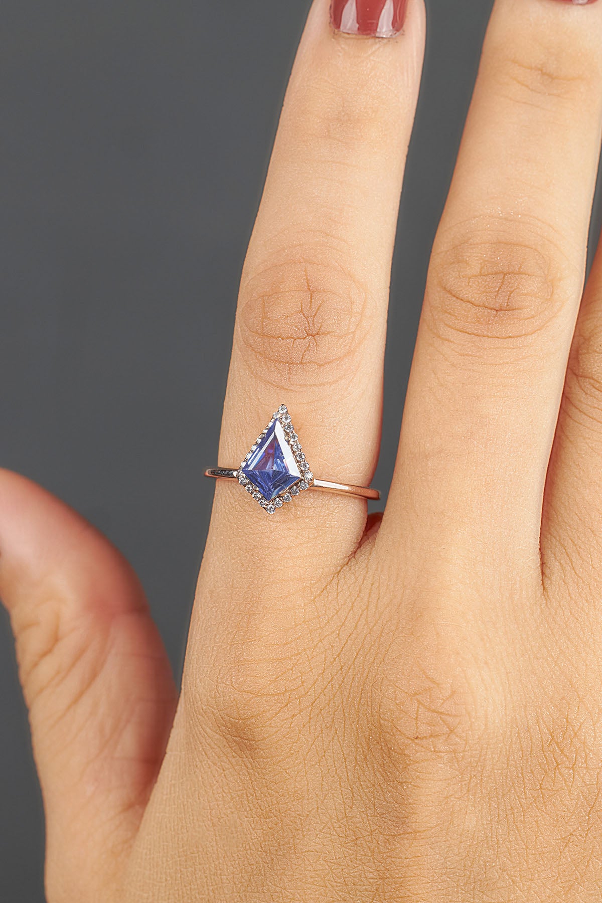 Kite Shaped Halo Engagement Ring Set Blue Titanic Gemstone