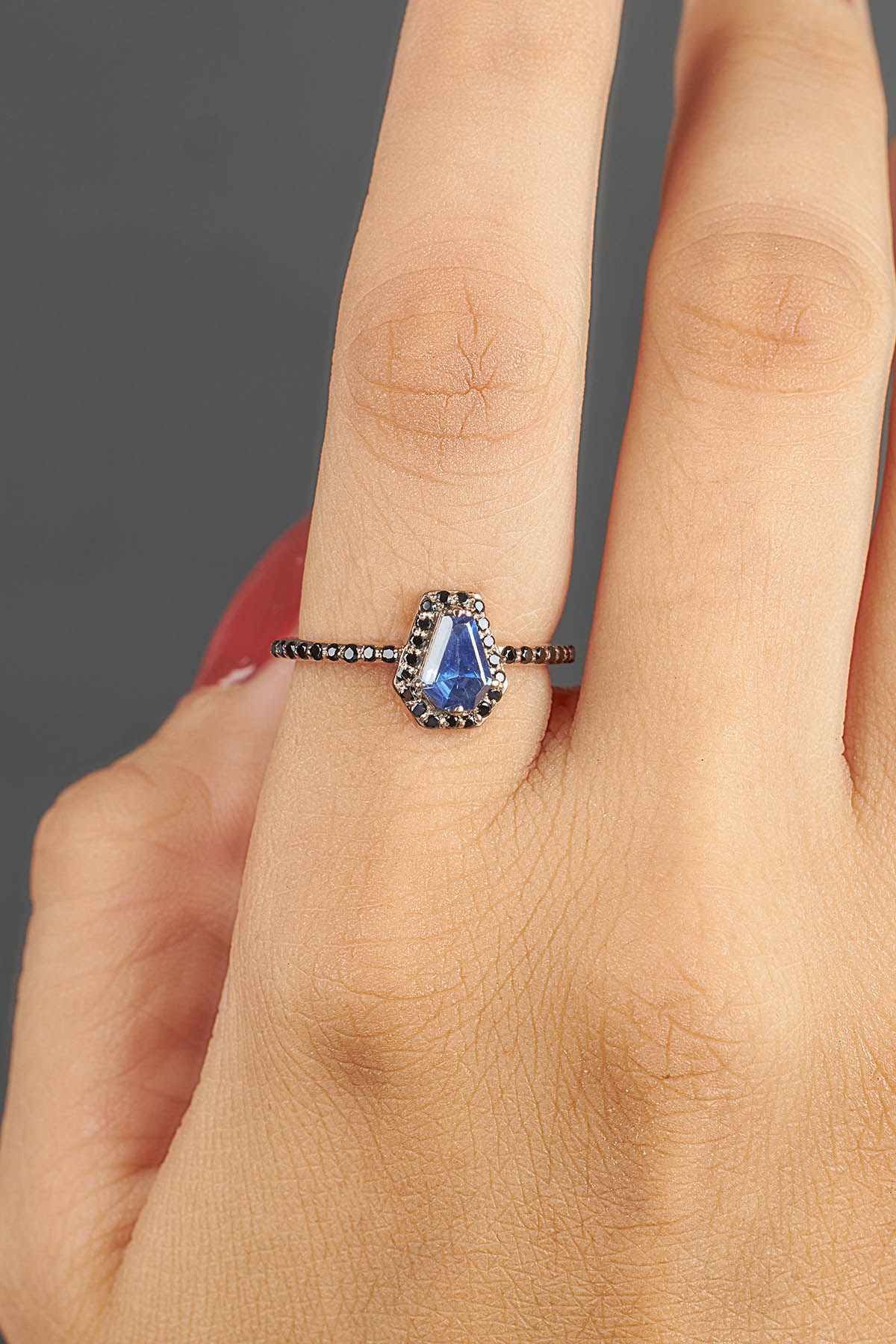 Halo Coffin Cut Engagement Rings for Women Gothic Blue Gemstone Sterling Silver