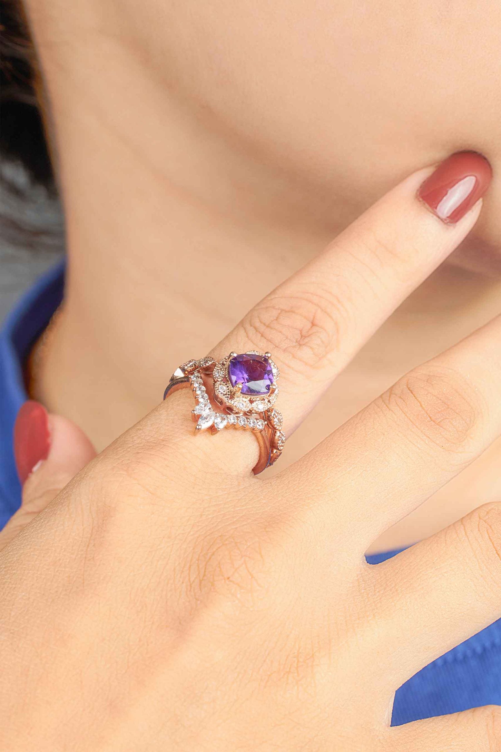 Vintage Style Bridal Ring Set Purple Amethyst Engagement Ring
