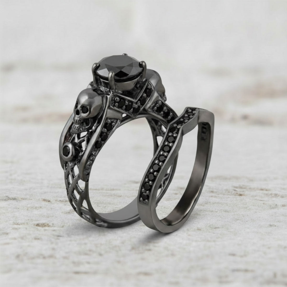 Mesh Skull Engagement Ring Set Black Onyx Gun Metal Finish