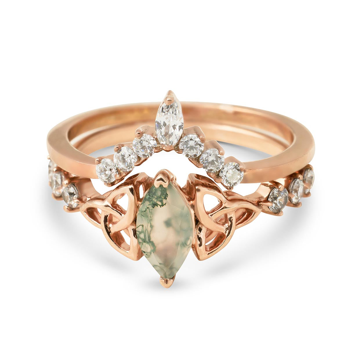 Stacked marquise moss agate ring and curved marquise diamond band in polished rose gold.
