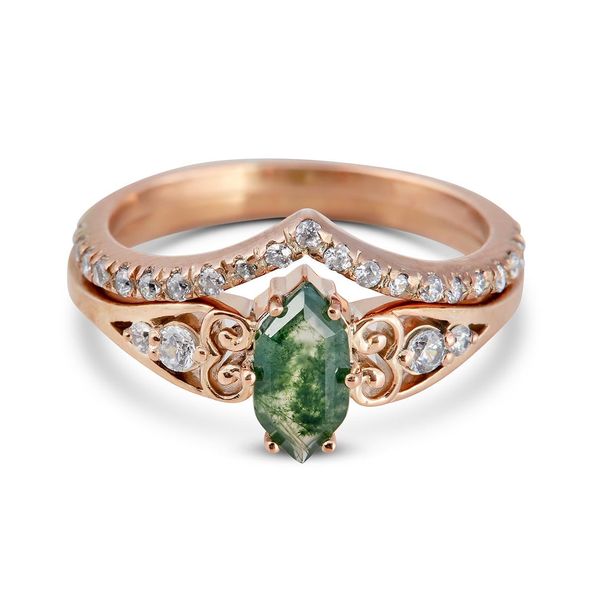Vintage-style rose gold ring with a green moss agate hexagon stone and intricate filigree details.