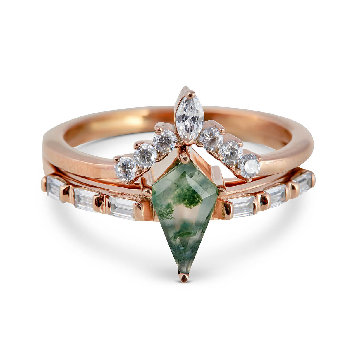 Kite Moss Agate Engagement Ring Set Moissanite Bridal Ring Sets