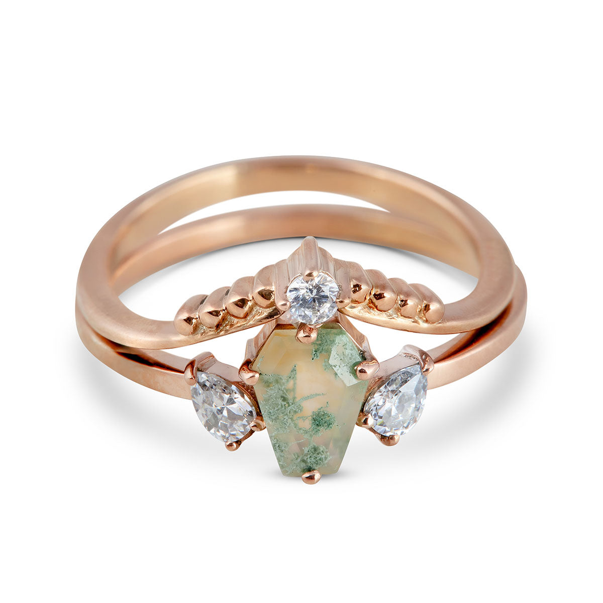 Coffin-cut moss agate engagement ring in rose gold with a curved, beaded crown wedding band.