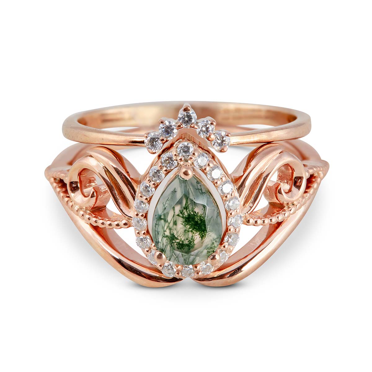 Rose gold bridal set with pear-shaped moss agate, diamond halo, and intricate filigree crown band.