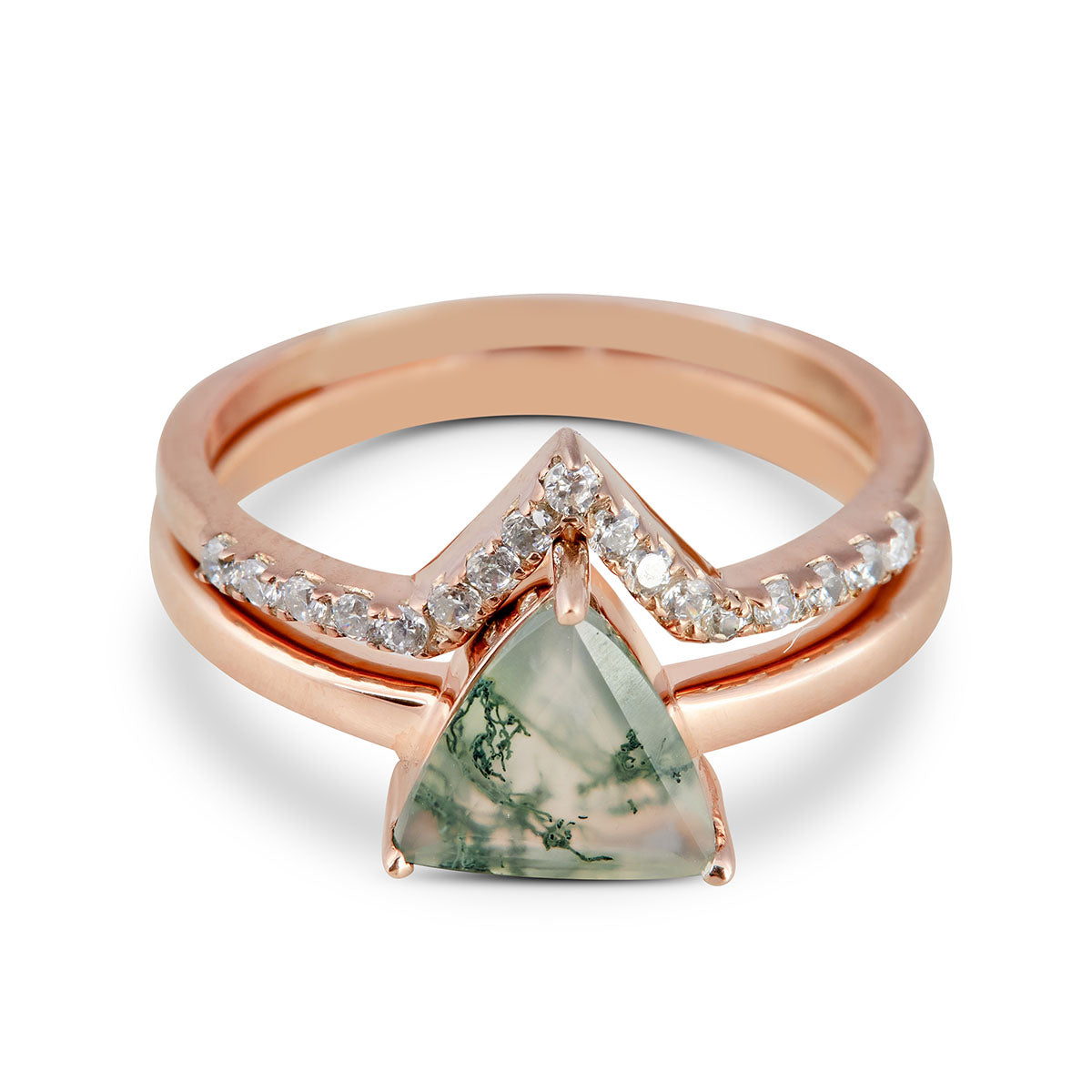 Rose gold bridal set featuring a triangular moss agate and a curved V-shaped diamond accent band.