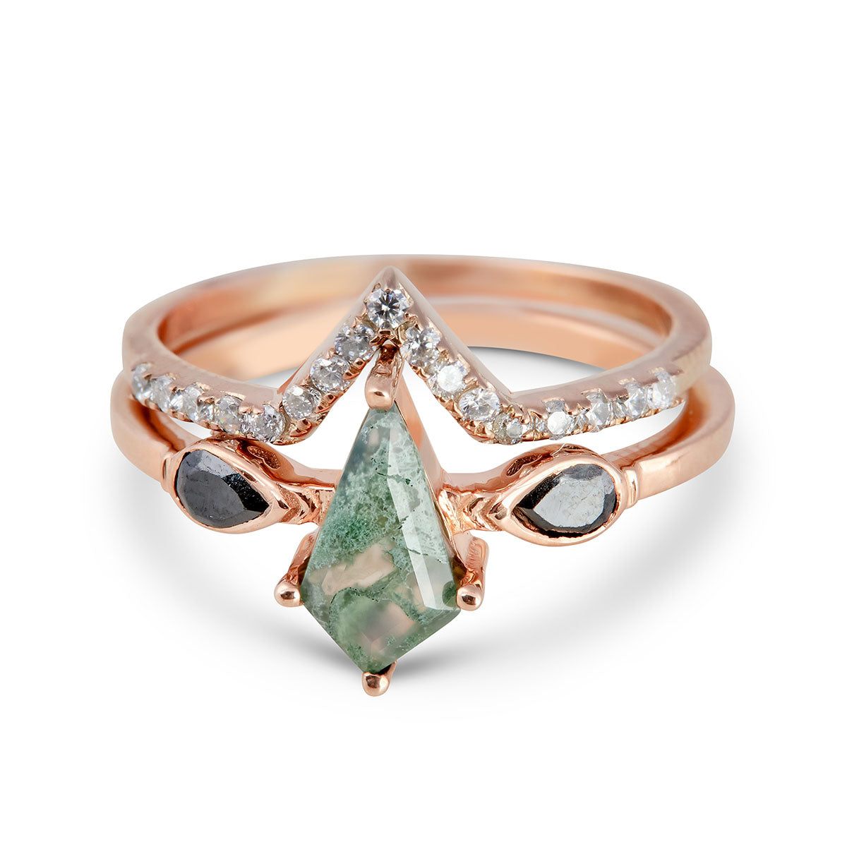 Geometric moss agate ring set in rose gold with black pear accents and a nested diamond pave band.