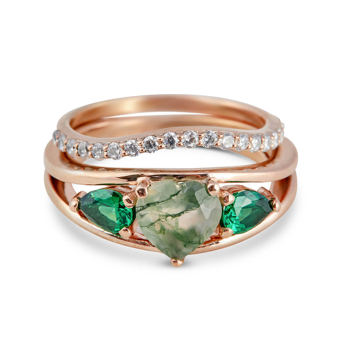 Bridal set featuring a heart-shaped moss agate ring paired with a curved diamond band.