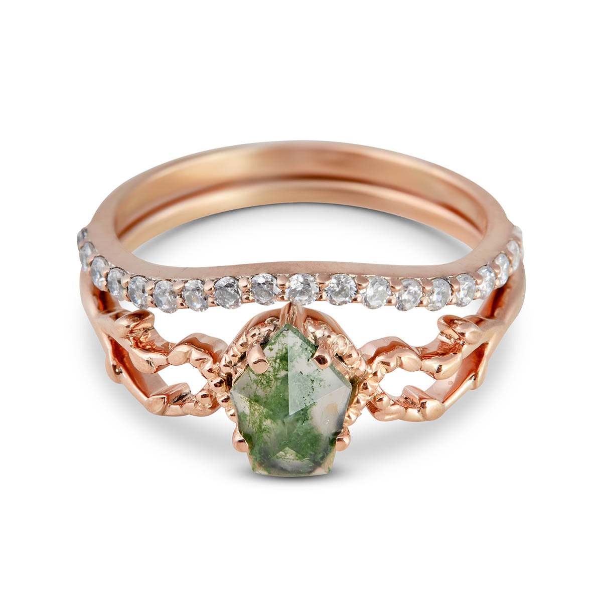 Bridal set with a kite-cut moss agate ring and a curved, diamond-studded wedding band.