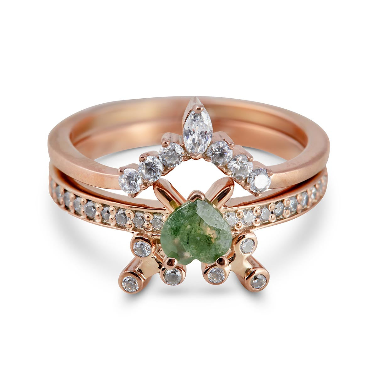 Ring set featuring a heart moss agate antler ring and a chevron rose gold diamond band.