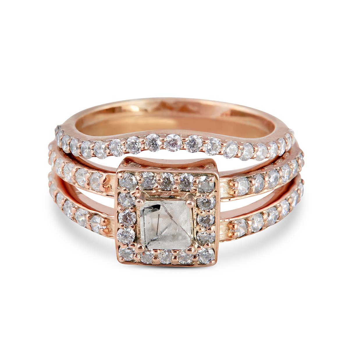 Engagement set with a square quartz engagement ring and curved diamond band.