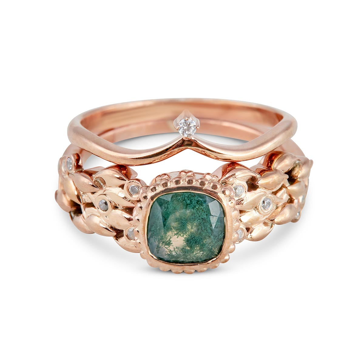 Wedding ring set two-piece featuring a square moss agate and nature-inspired leaf band.