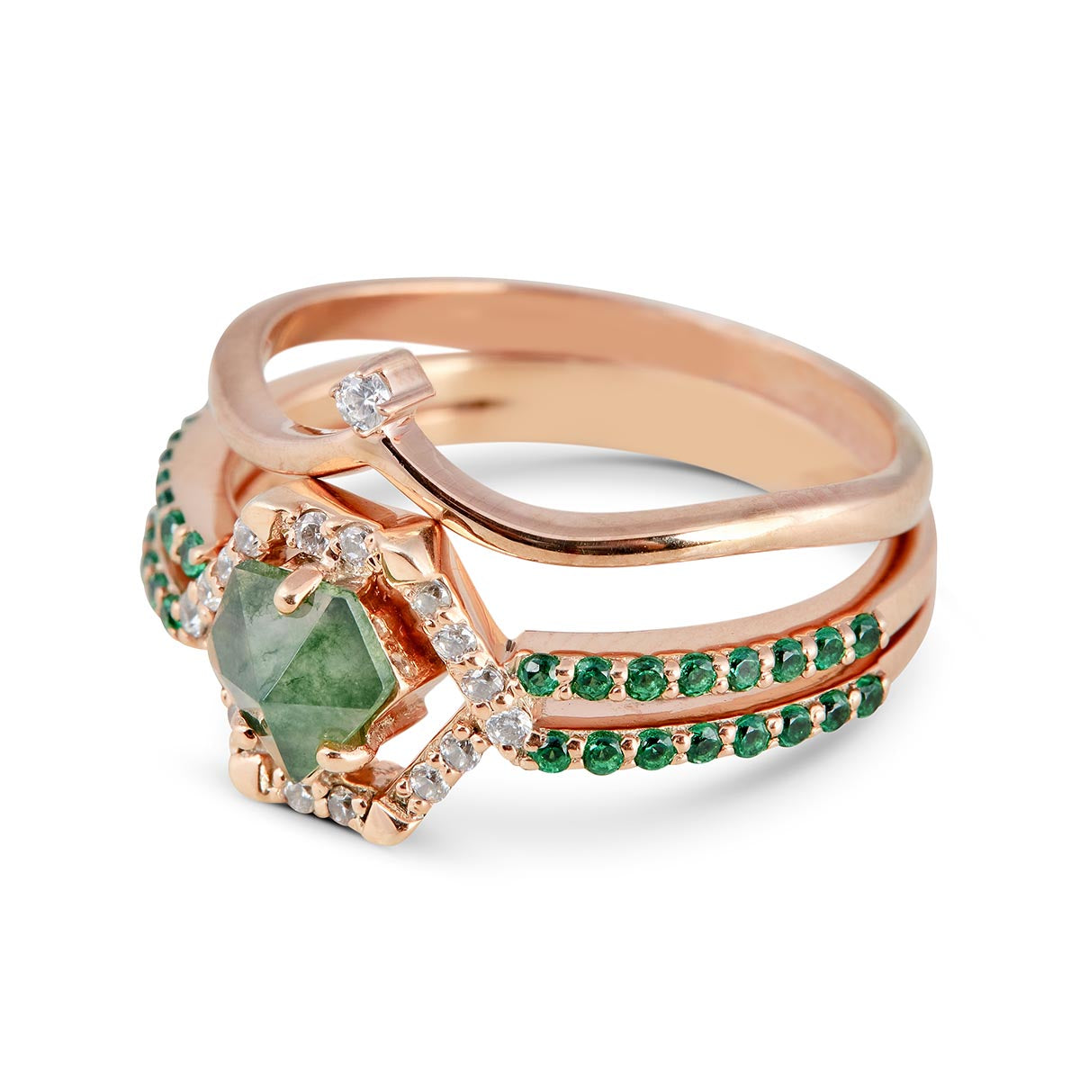  Green gemstone and smaller diamonds on a white background.