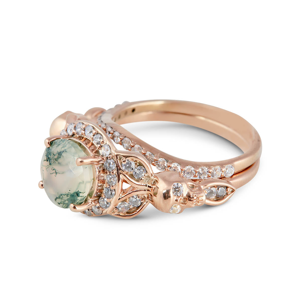 Moss Agate Skull Ring Set Gothic Engagement Ring Set Rose Gold