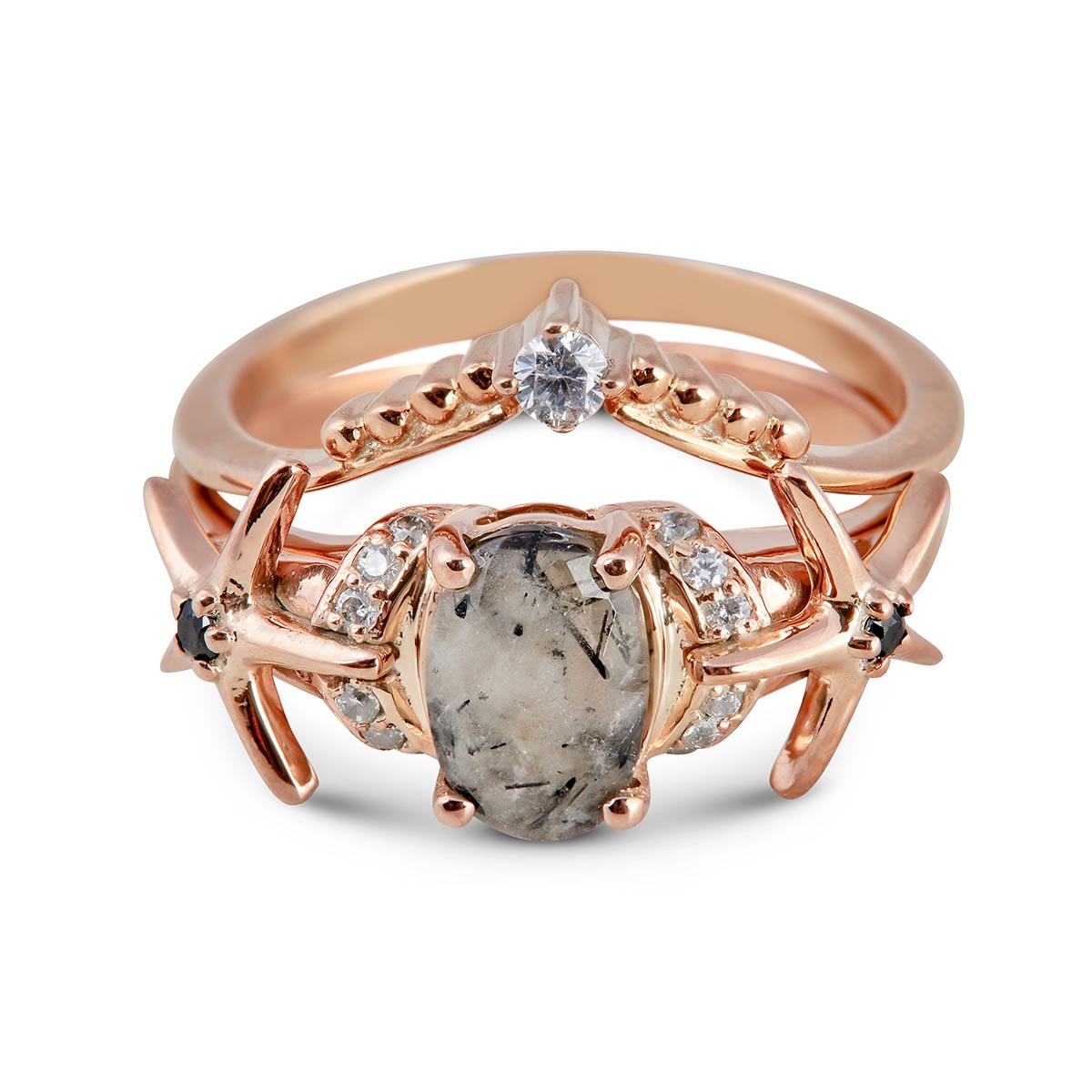 Two-piece rose gold bridal set featuring a star-accented quartz ring and matching tiara band.
