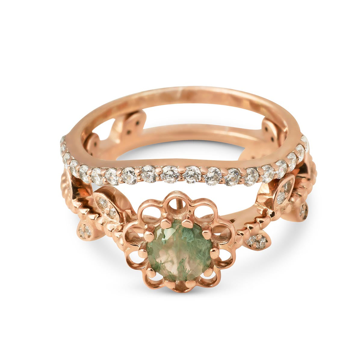 Moss agate bridal set with a floral-motifring and a matching curved diamond pavé rose gold band.