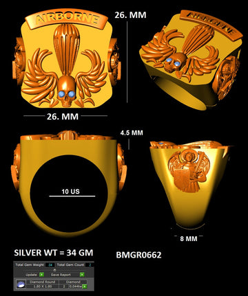 Airborne Skull and Wings Ring for Men Red CZ Eyes Sterling Silver Gun Metal Finish