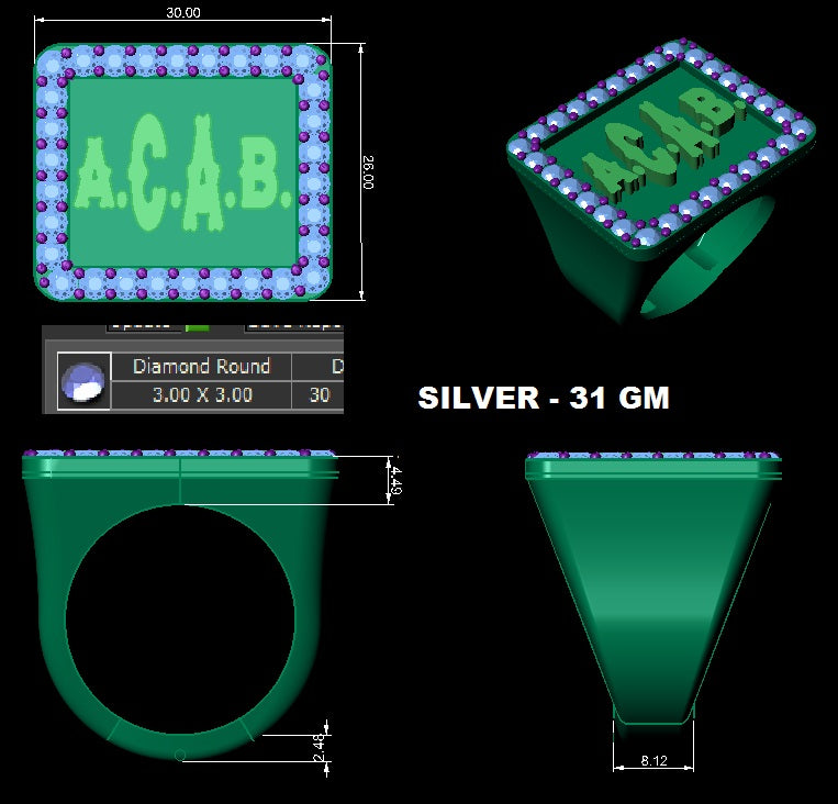 A.C.A.B Ring for Men White CZ 925 Sterling Silver Gun Metal Fn